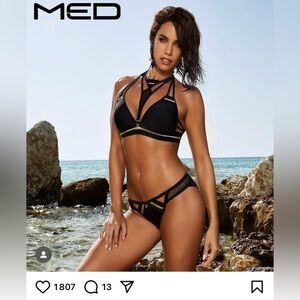 NWT! MED Glamorous Black Gold Two-Piece Bikini Size M/28 Resort Riviera Luxury